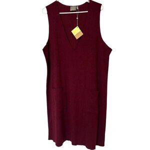 DUAL NATURE Ribbed Knit Dress V Neck Deep Burgandy Pockets Size Large NWT